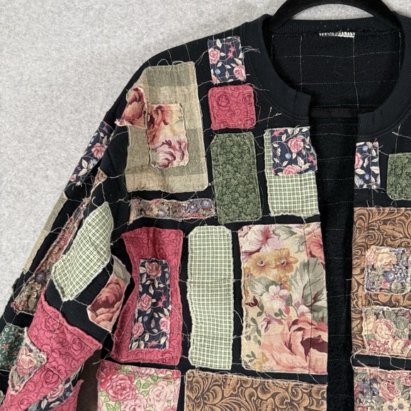 Vintage Patchwork Jacket Womens Medium Black Floral Open Handmade - Picture 2 of 10
